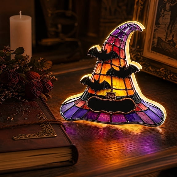 Gothic Halloween Witch Hat Night Light, Resin Spooky LED Lamp with Warm Glow for Table Shelf Desk Decor