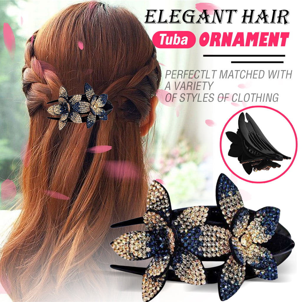 1 X Rhinestone Double Flower Hair Clip Flexible Durable Women Dovetail Hair Clip 