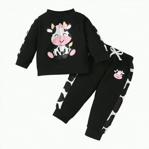 UAYOTSE Toddler Baby Girl Fall Outfits Sweatshirt and Pants Set 2 Pieces Cartoon Print Tops and Jogger Pants(Black&1,12-18 Months)