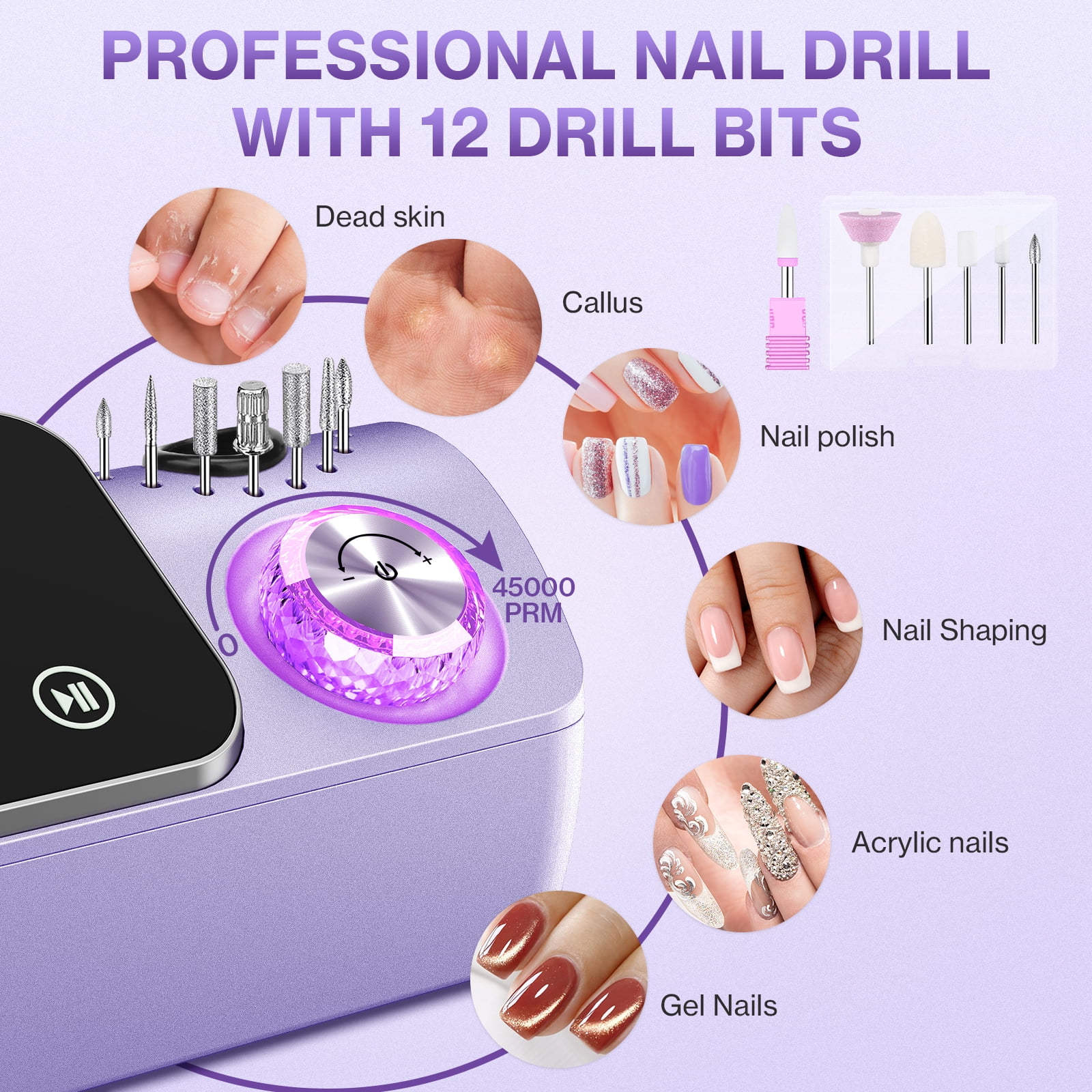 Electric Nail Drill Professional 40000RPM, Smart Touch Display Electric Nail File, Nail Drill Kit for Remover Acrylic & Gel Nails Manicure for Salon Home,Purple