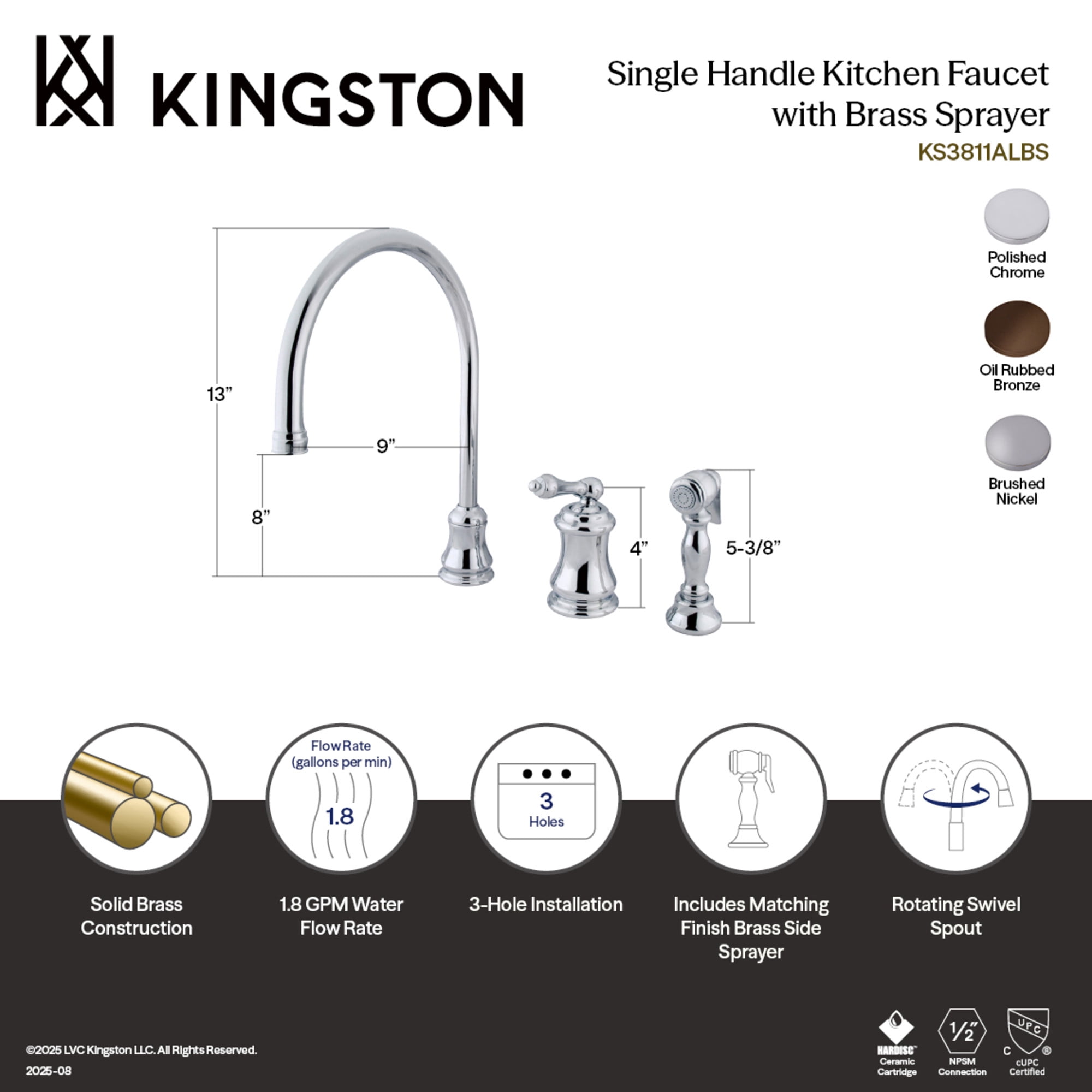 Kingston Brass KS3811ALBS Restoration Single-Handle 3-Hole Widespread Kitchen Faucet with Brass Sprayer in Polished Chrome