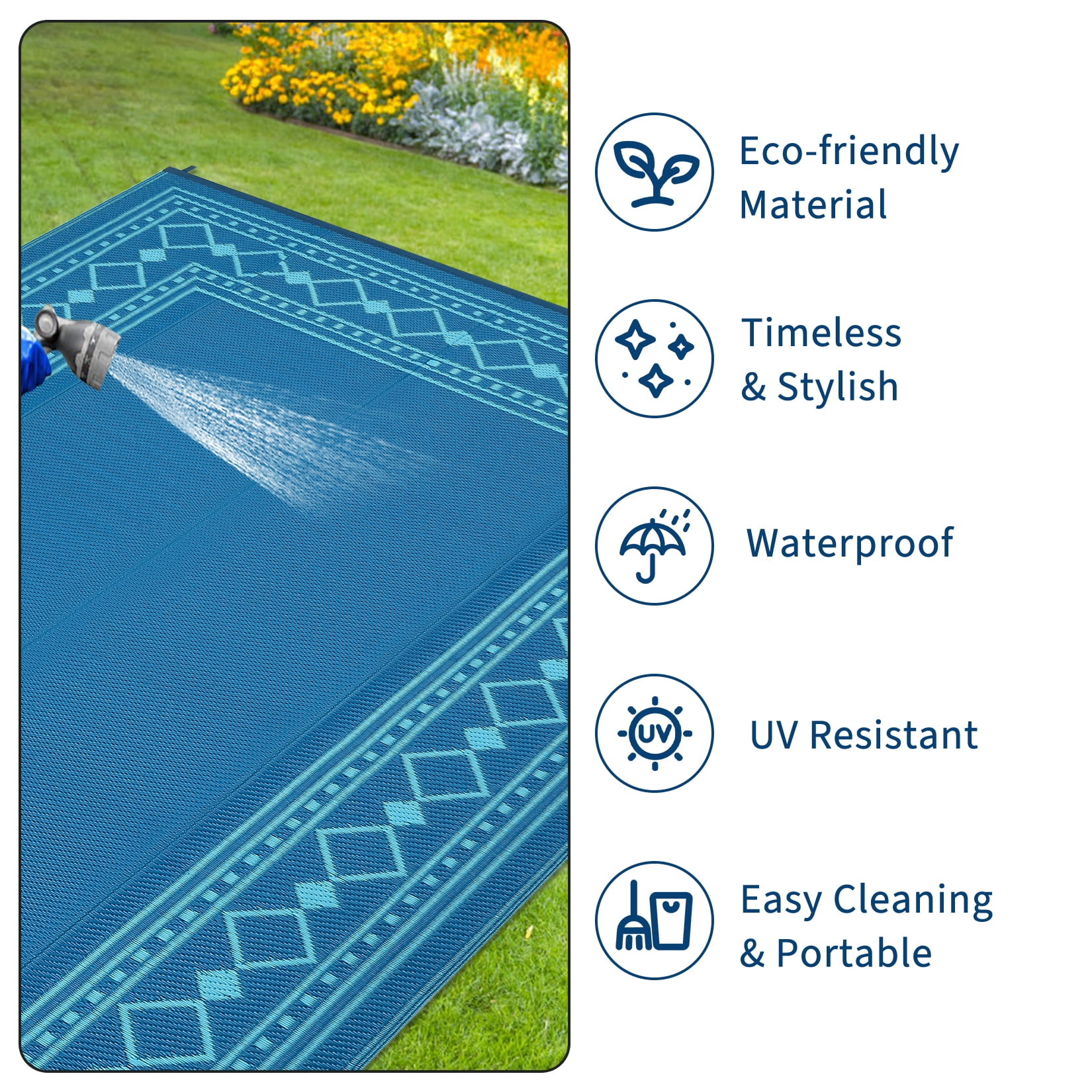 Garvee 9'x18' Outdoor Rug Modern Bordered Geometric Rug Waterproof Reversible Plastic Straw Rug for Patio Camping RV Balcony Backyard, Blue Green