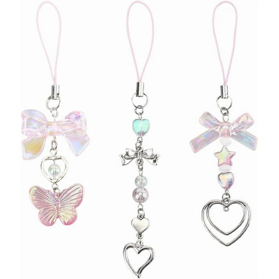 1 Box 12pcs Pink Phone Charms Strap Acrylic Phone Charms Cute Aesthetic Kawaii Spring Mobile Cellphone Heart Shape Butterfly Bead Starp