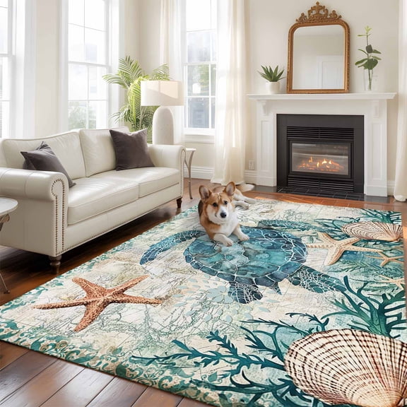 Retro Sea Turtle Large Area Rugs 8x10 ft Ocean Nautical Coral Vintage Background Washable Rug Non Slip Indoor Carpet Absorbent Floor Mat for Living Room Bedroom Dining Room