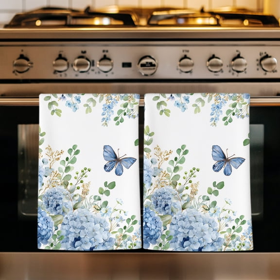 Blue Floral Kitchen Towels Set of 1, Spring Hydrangeas Flower Leaves Butterfly Green Absorbent Dish Towels for Kitchen, Microfiber Hand Towel, Quick Drying Tea Towel for Cleaning Dishcloths