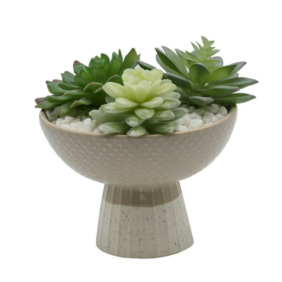 Artificial Succulent Mix in Two Tone Gray/Beige Ceramic Bowl Planter