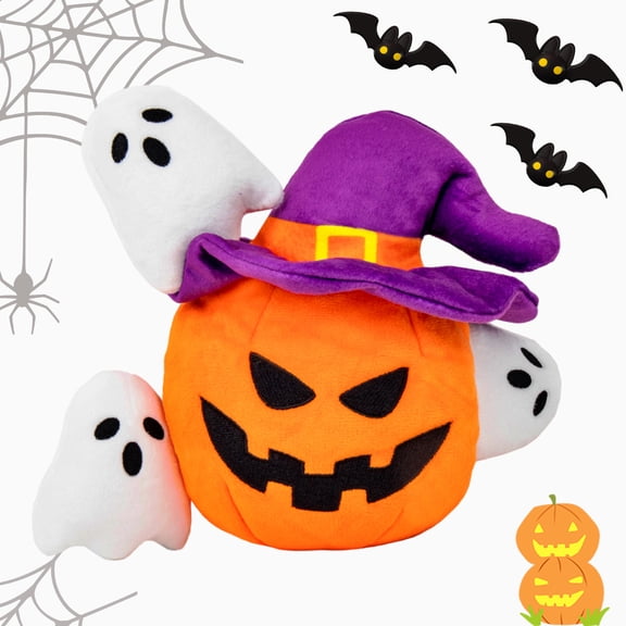 UXVA Halloween Snuffle Treat Dispensing Dog Toy Set, No‑Stuffing Crinkle Plush Pumpkin with Witch Hat, Hide and Seek Dog Puzzle Toy Includes 3 Squeaky Ghosts for Small Medium Large Dogs