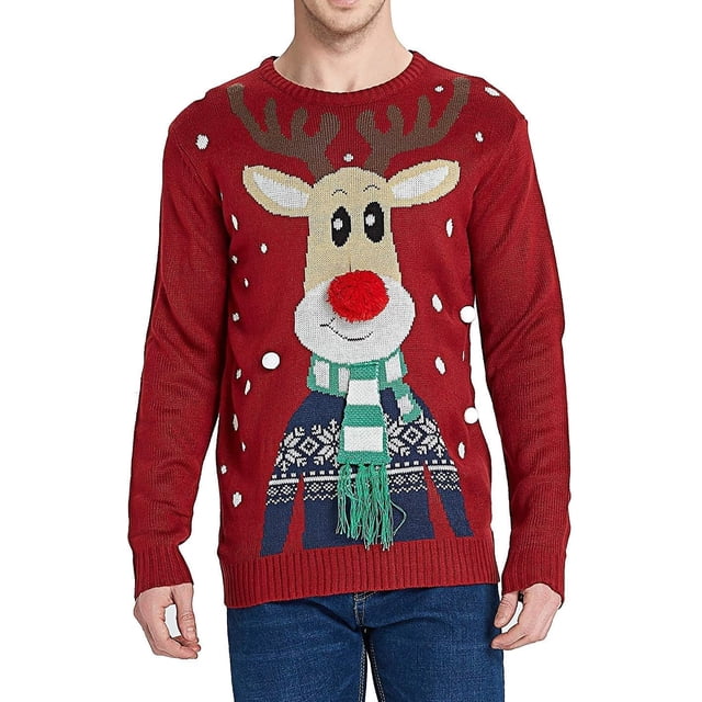 Men's Christmas Rudolph Reindeer Holiday Festive Knitted Sweater Cardigan Cute Ugly Pullover Jumper