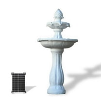 44" H White Fiberglass/Resin 2-Tier Solar Water Fountain w/ Solar Panel and Auto-Shut Off Pump, Solar Garden Fountain