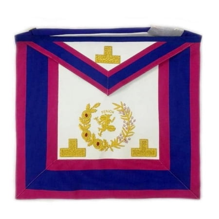 Senior Deacon Mark English Regulation Apron - Blue & Pink with Gold Hermes Emblem Hand Embroidered Rank Badge Adjustable Snake Belt