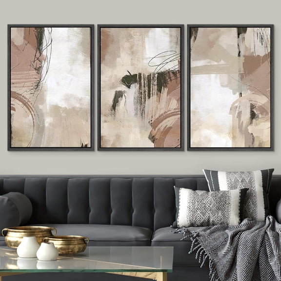 PixonSign Framed Wall Art Set Brown & White Pastel Watercolor Paint Strokes Shapes Abstract Personalized Graffiti Modern Prints Colorful Nordic Calm/Zen for Home Decor - 24"x36"x3 Panels Black