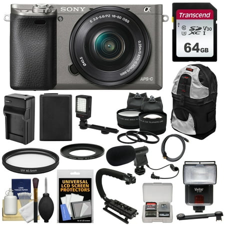 Sony Alpha A6000 Wi-Fi Digital Camera + 16-50mm Lens (Graphite) with 64GB Card + Backpack + Battery + Charger + Flash/Video Light + Mic + 2 Lens