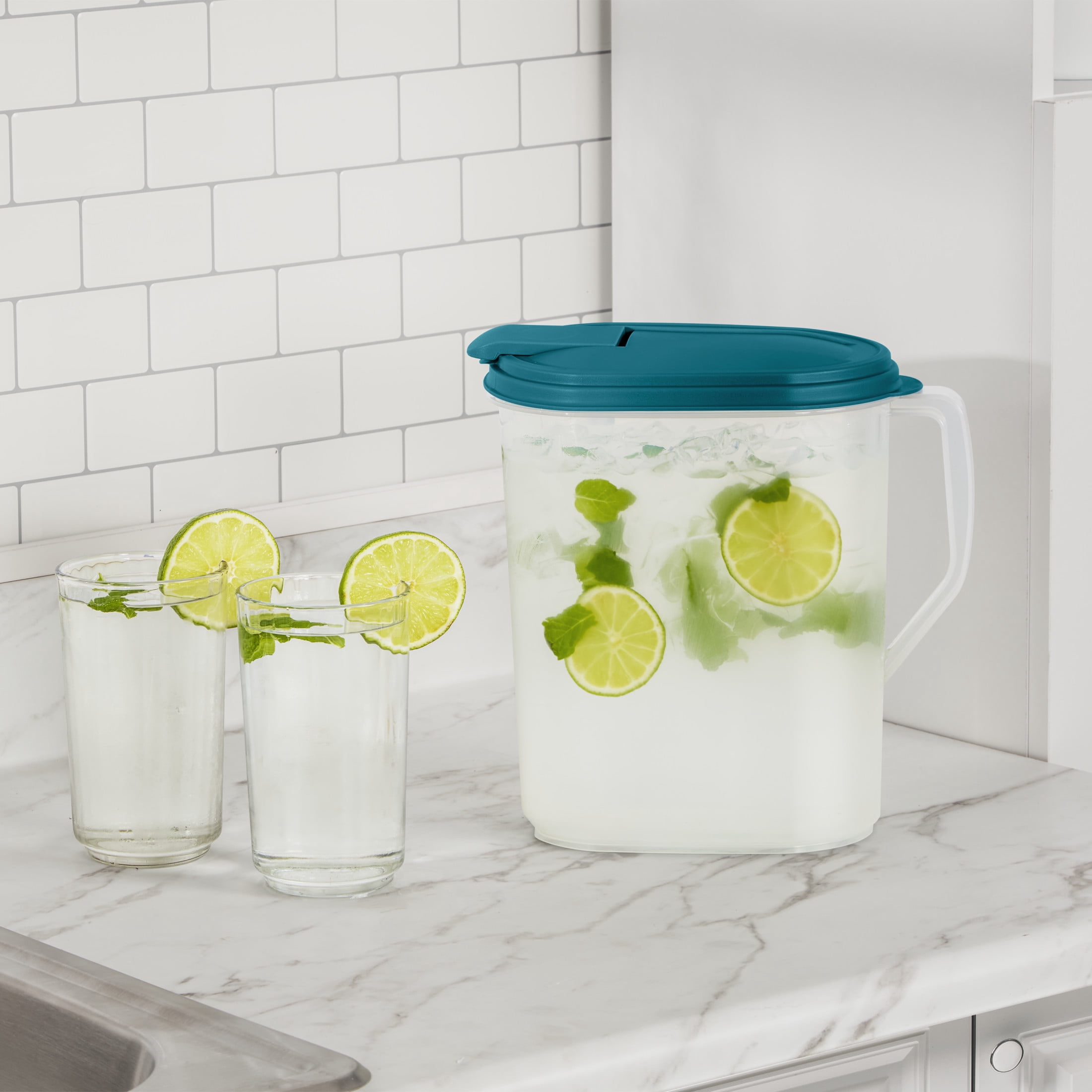 (2 pack) Mainstays 1 Gallon Oval Pitcher, Freezer- and Dishwasher-Safe, Durable Food-Safe Plastic, BPA-Free, Teal Lid