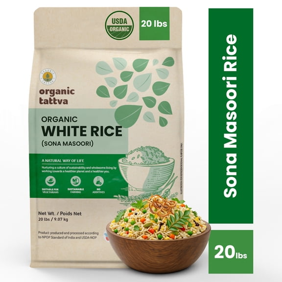 Organic Tattva White Short Grain Rice 20LB, Sonamasoori Rice, Vegan, Kosher, Non GMO, No Additives, Gluten Free, USDA Certified