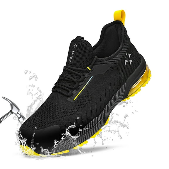 SPIEZ Composite Toe Safety Shoes for Men, Air Cushioned Slip-on Work Sneakers, Lightweight Breathable for Warehouse, Job Site, Outdoor Use, Black Size 10.5