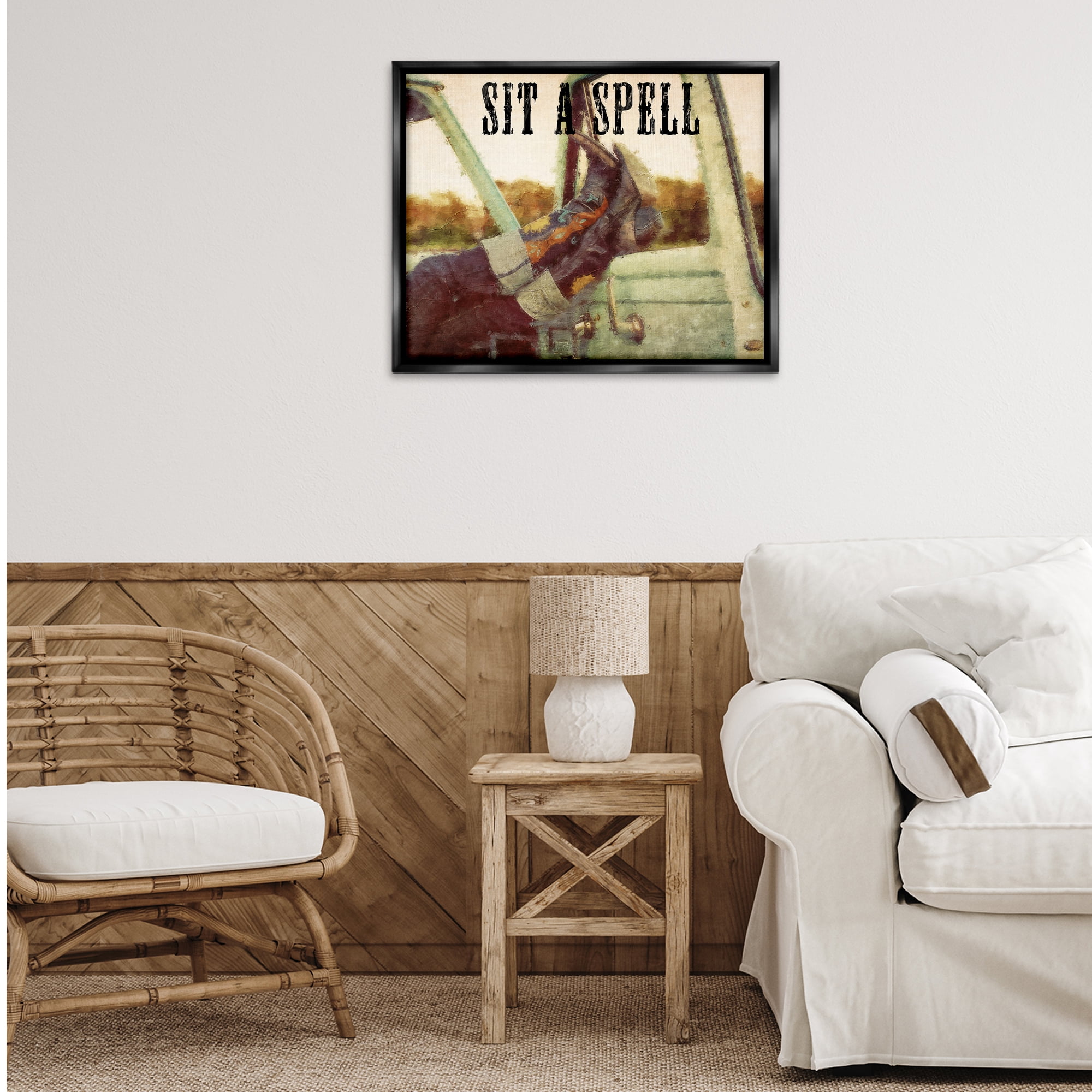 Stupell Industries Sit A Spell Cowboy Typography Painting Black Floater Framed Art Print Wall Art, 31 x 25