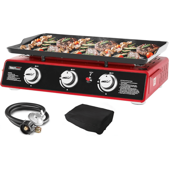 3 Burner Tabletop Propane Gas Griddle with Cover, 24 Inch Portable Griddle with 25,500 BTUs Output for Outdoor Cooking While Camping or Tailgating, Red