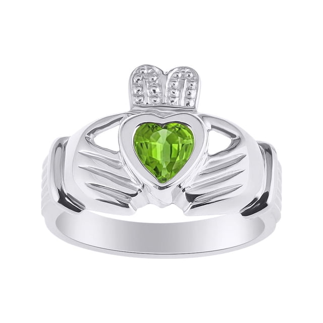 RYLOS Rings 14K White Gold Claddah Love, Loyalty & Friendship Heart 6MM Gem Irish Wedding Band Claddagh Rings August Peridot Jewelry Size 8