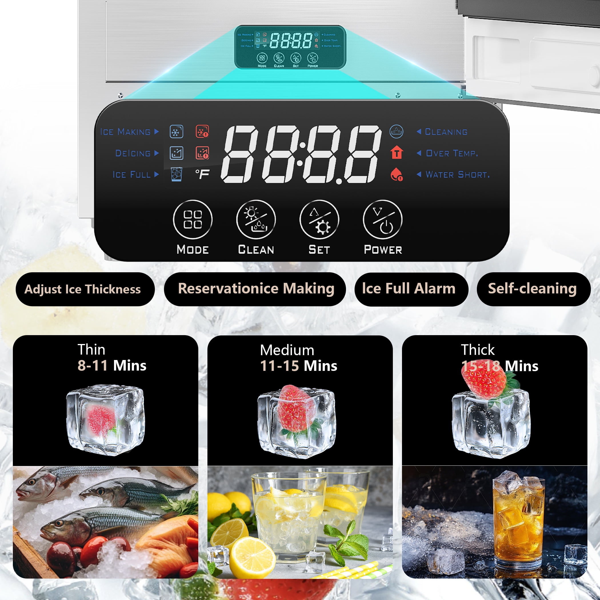 Coolake 15" Commercial Under Counter Ice Maker, 100LBS/Day Built-in Freestanding Cube Ice Machine, Self-Cleaning & Removable Filter, Stainless Steel Ice Machine with 30LBS Storage for Home Bar