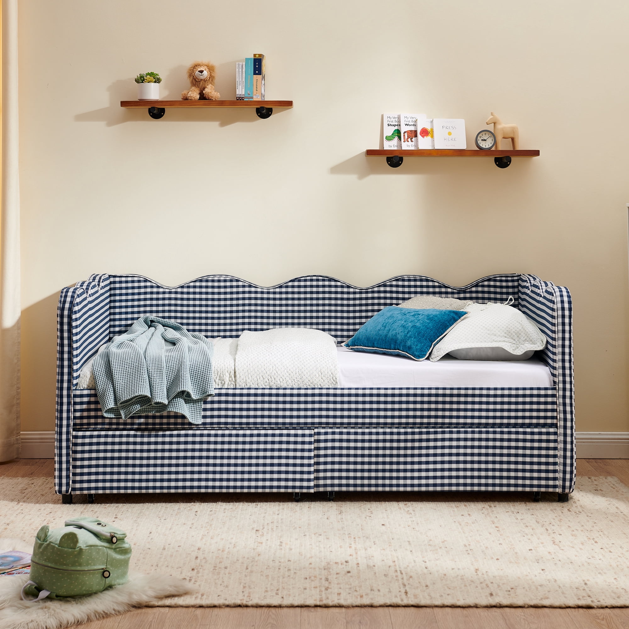 Leumius Twin Size Gingham Daybed with Storage Drawers,Modern Linen Daybed with USB Ports & Wave Shaped,Upholstered Day Bed Frame Sofa Bed for Living Room/Bedroom/Guest Room,Navy