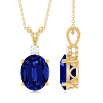 Rosec Jewels Lab Grown Blue Sapphire Solitaire Pendant with Moissanite (8X10 mm Oval Shape), 10K Yellow Gold