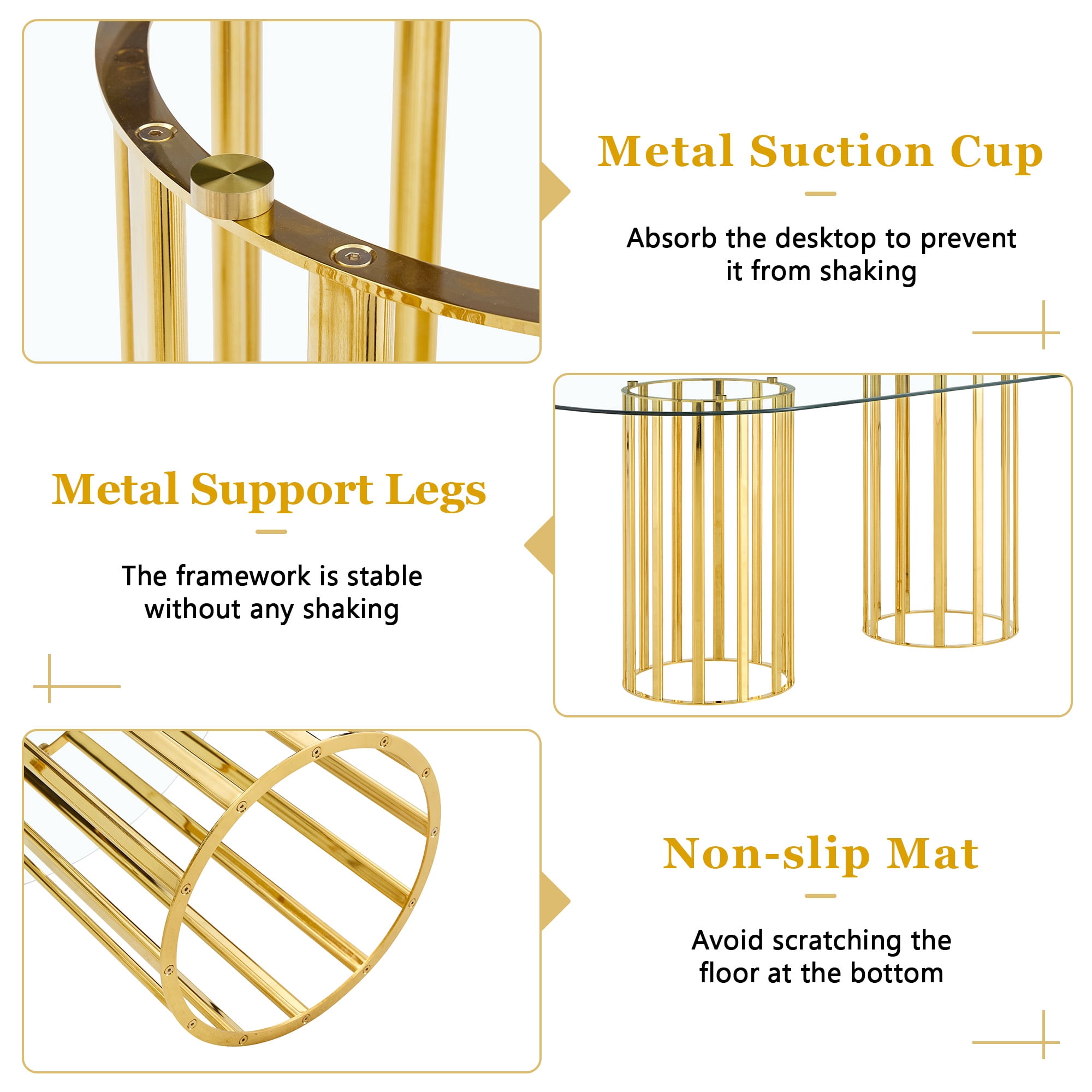 A7Store 71 in Glass Dining Table,Gold Dining Table for 6-8，Large Size Kitchen and Dining Room Table with Tempered Glass top and Gold Double Column Metal Legs, Modern Rectangular Dining Table