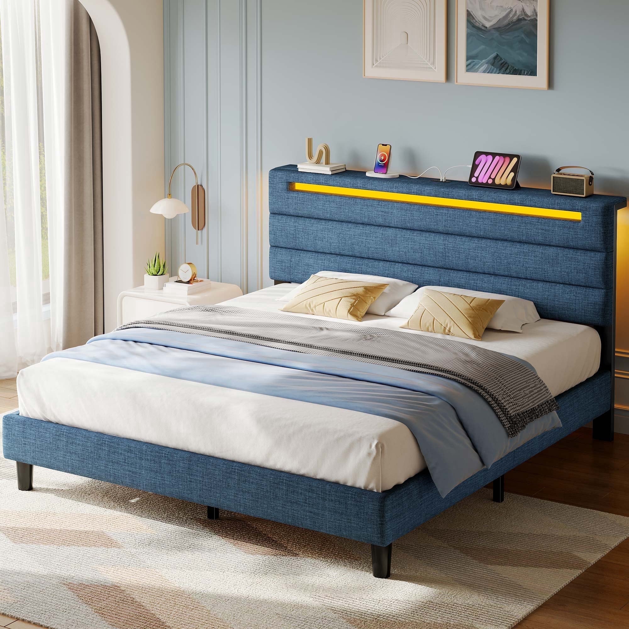 Greenstell Full Size Bed Frame with Upholstered Storage Headboard and LED Light, Bed Platform with Charging Station, USB Ports, Under-bed Storage, Blue