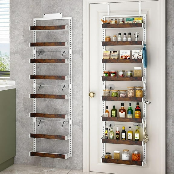 Over the Door Pantry Organizer, 8-Tier Adjustable Wooden Basket Kitchen Pantry Door Organization and Storage, 2 in 1 Wall Mount or Hanging Heavy-Duty Metal Hanging Kitchen Spice Rack,White