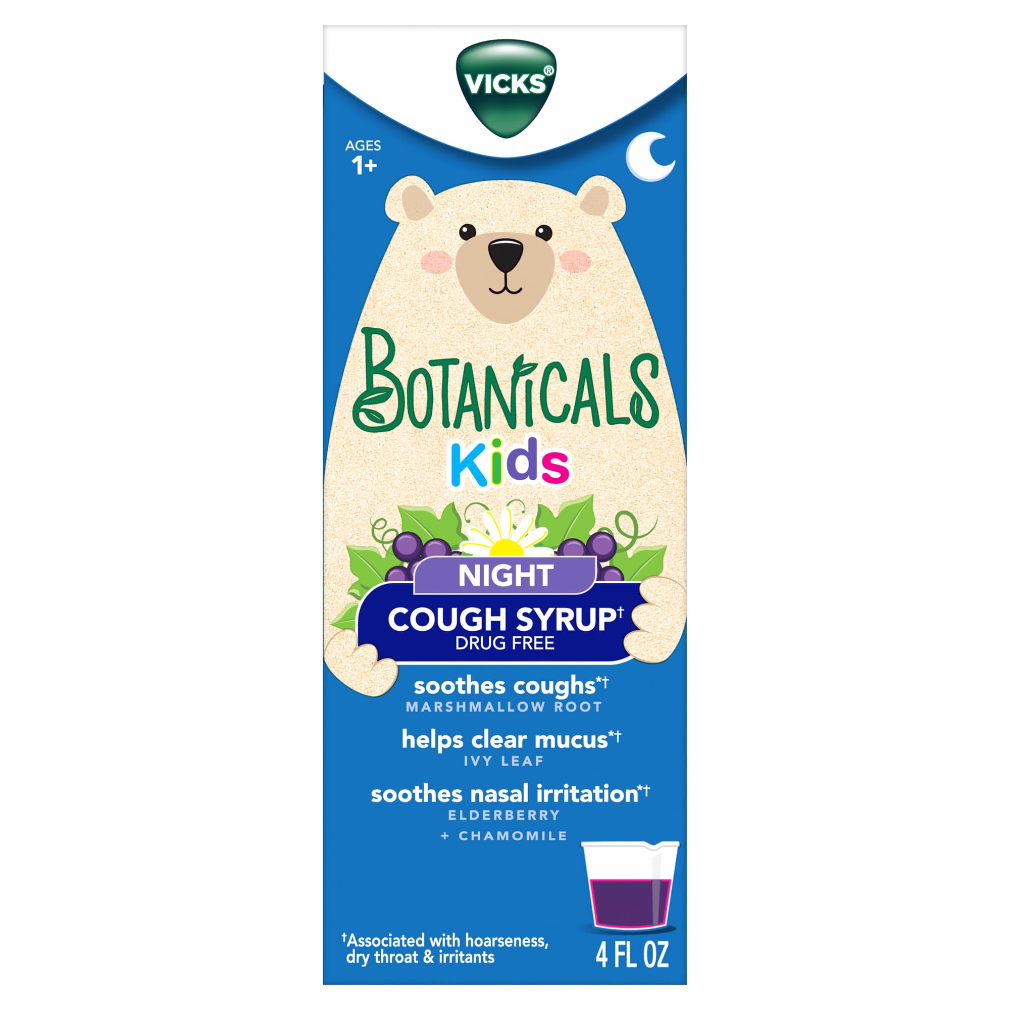 Vicks Botanicals Kids Drug-Free Nighttime Cough Syrup, Berry Flavor, 4 fl oz, Ages 1+