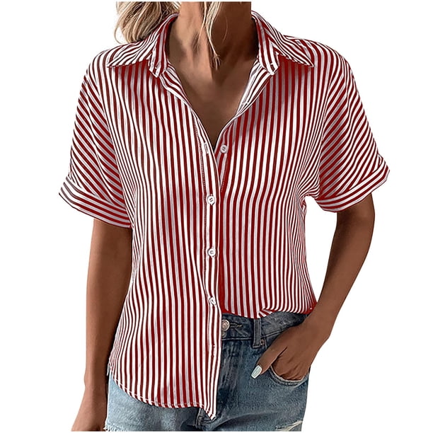 Camiseta de algodón de manga corta con cuello vuelto a rayas informal con estilo para mujer OAVQHLG3B Store lin121212