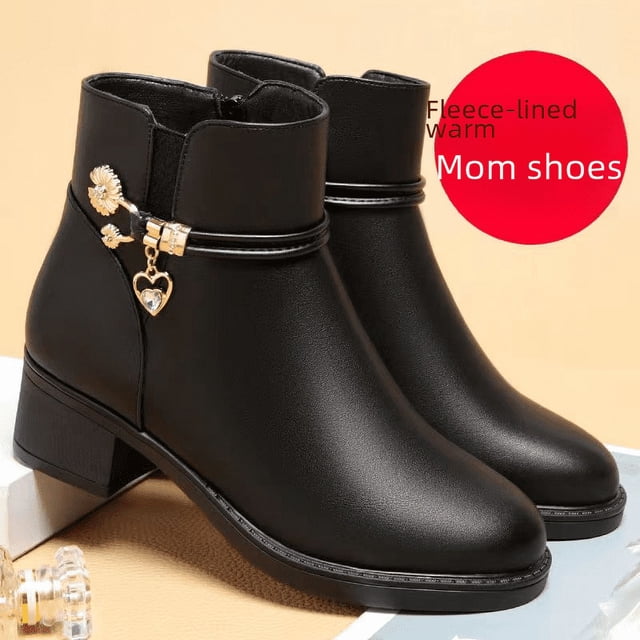Zapatos de madre Zapatos de algodón Zapatos de tacón grueso de algodón para mujer Zapatos de cuero Suela suave plana Botines de tacón medio Antideslizantes Zapatos para mujeres de mediana