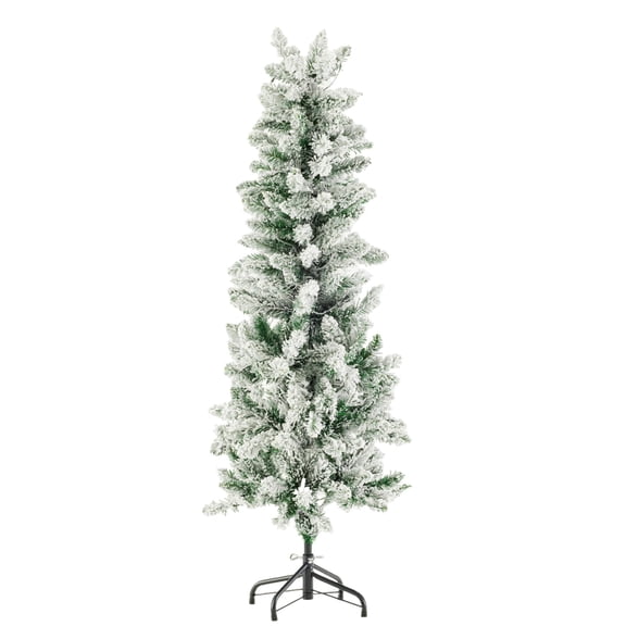 EDX 4.5ft Pre-lit Snow Flocked Pencil Christmas Tree, Prelighted Artificial Slim Christmas Trees, With 120 Incandescent Lights, 268 Branch Tips & Foldable Base, For Home, Office, Party Decoration