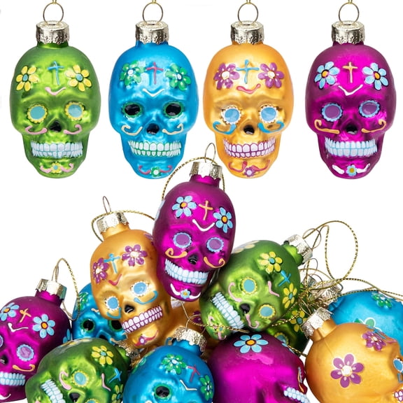 EBaokuup 12 Pcs Sugar Skull Glass Ornaments, Dia de los Muertos Halloween Hanging Decorations