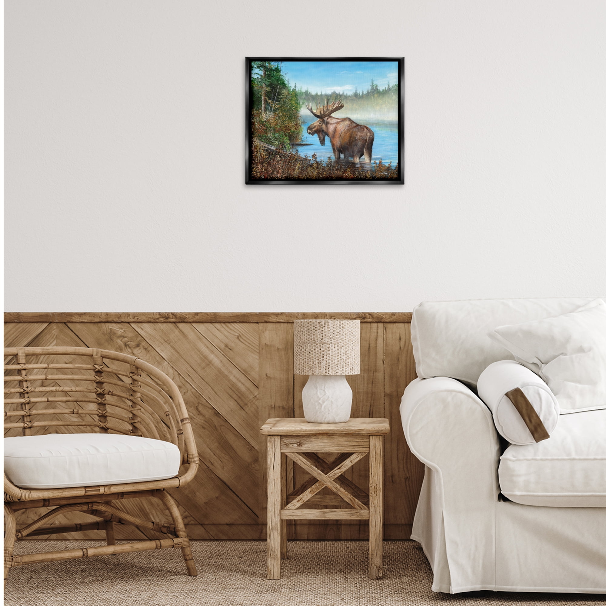 Stupell Industries Rustic Moose Wading in Shore Landscape & Nature Painting Black Floater Framed Canvas Art Print Wall Art, 21 x 17