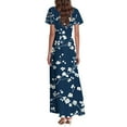 thumbnail image 5 of QIJIE Petite Women Dresses Spring Summer V Neck Vacation Ruffled Short Sleeve Holiday Floral Maxi Dress A-Line Elegant Sundress Boho Beach Wedding Guest Dresses Dark Blue 2XL, 5 of 5