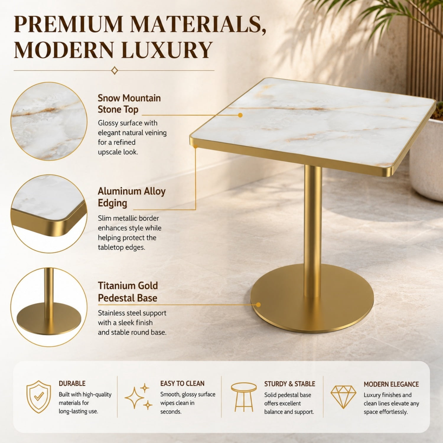 Miniyam 31.5 in Square Dining Table, Glossy Marble-Look Small Kitchen Table with Titanium Gold Feet, White Gold Vein
