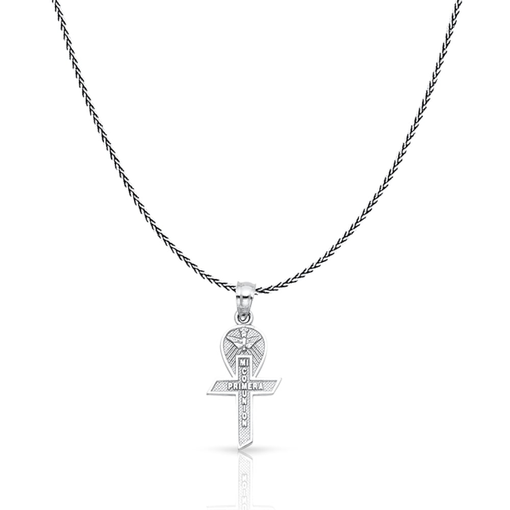 Details about   14K White Gold Communion Charm Pendant with 0.9mm Wheat Chain Necklace 