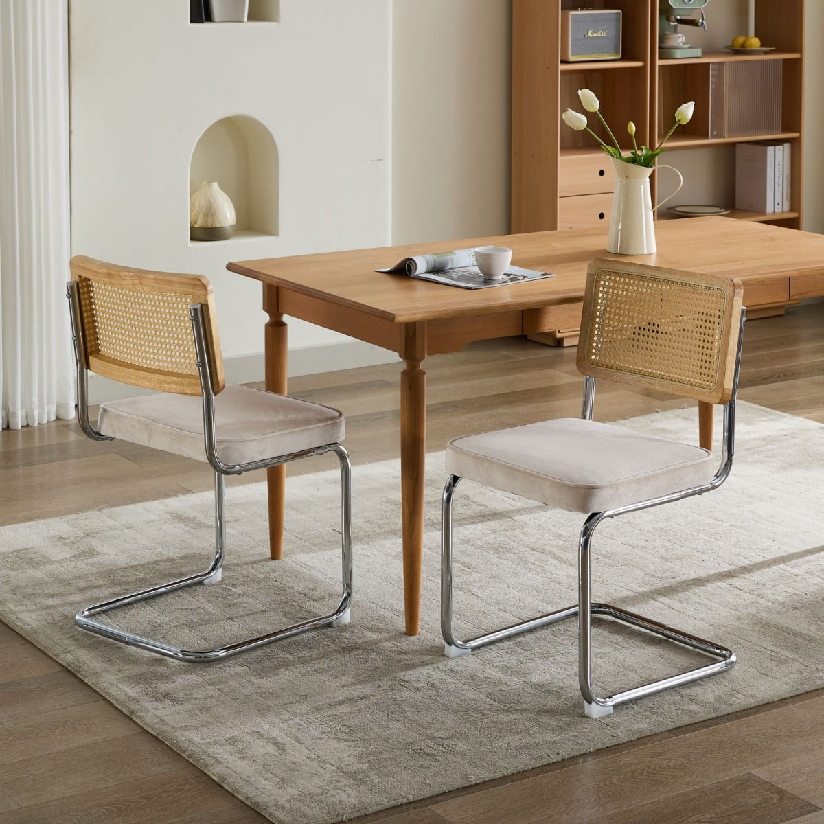Dining Chairs Set of 2, Mid Century Modern Velvet Accent Chairs with Natural Rattan Back, Chrome Cantilever Base, Beige
