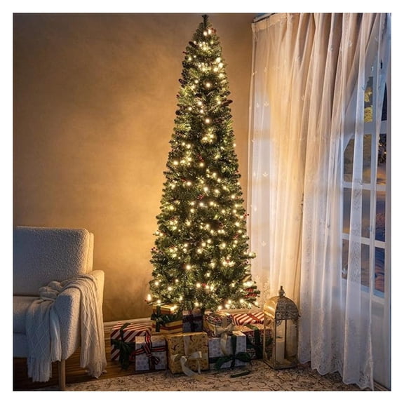 Belen 7.5ft Pencil Christmas Tree Prelit pre-Decorated with Pine Cones, Red Berries, 1099 Branch Tips, 350 Warm Lights and Metal Stand, 34" Wide Skinny Christmas Tree with Lights by
