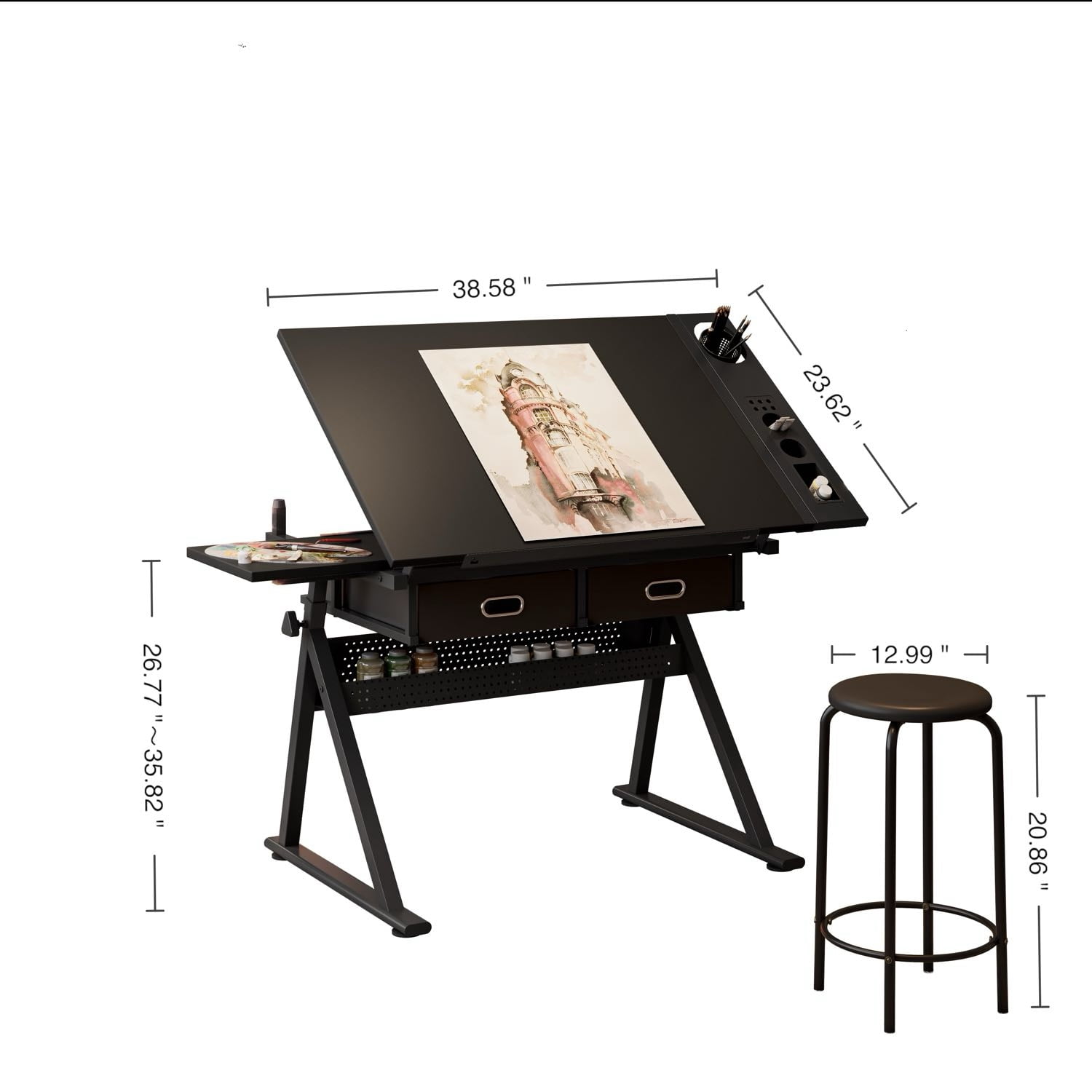 Adjustable Drawing Drafting Table Desk with Stool, Height & Angle Adjustable Art Table with 2 Drawers, Tiltable Desktop for Artist, Home Office, Black