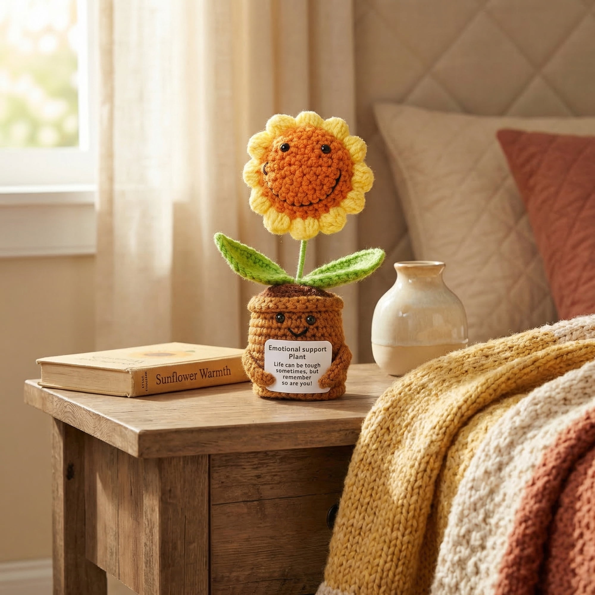 Unique Bargains 2Pcs Handmade Crochet Potted Plant Smiling Face Rainbow Sunflower 4.3 in