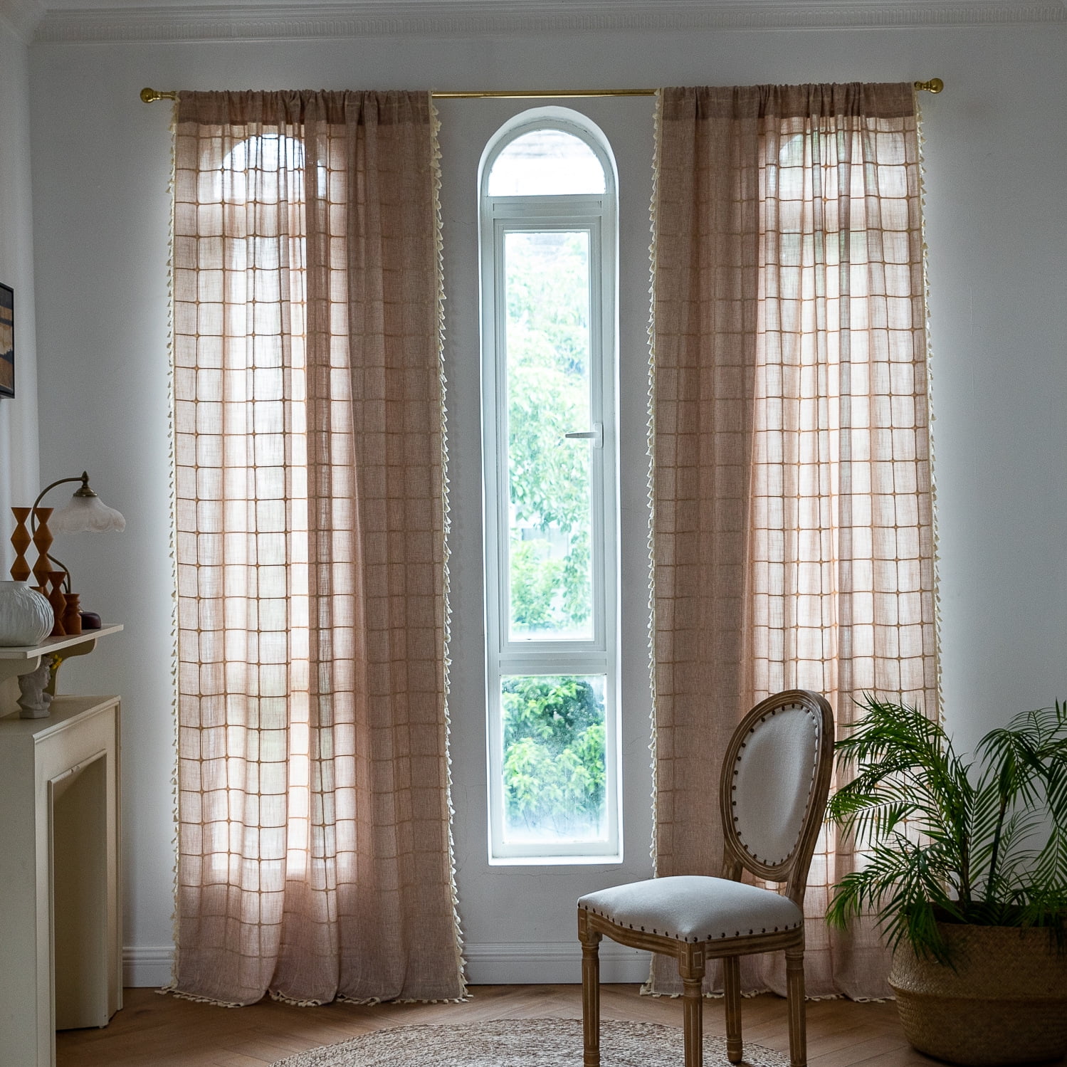 AIGIA Farmhouse Semi-Blackout Window Curtain 1 Panel Cotton Linen Curtains with Tassel Rod Pocket Window Drapes for Dining Living Bedroom