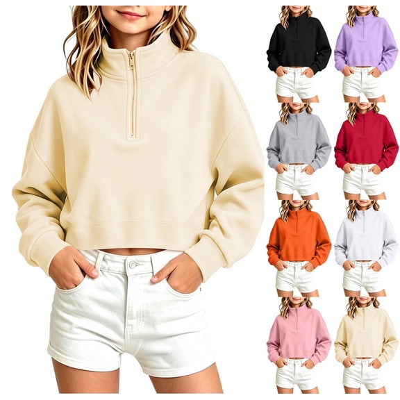 Falkdiz Girls Cropped Sweatshirts Half Zip Outdoor Pullover Stand Up Neck Winter Casual Daily Long Sleeve Gifts Tops for Girls , Beige , Size: 5-6 Years