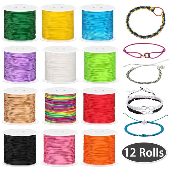 Nylon String for Bracelets, 12 Rolls 1mm Satin Silk Nylon Cord Bracelet String - Jewelry Making, Braided Bracelets, Beading