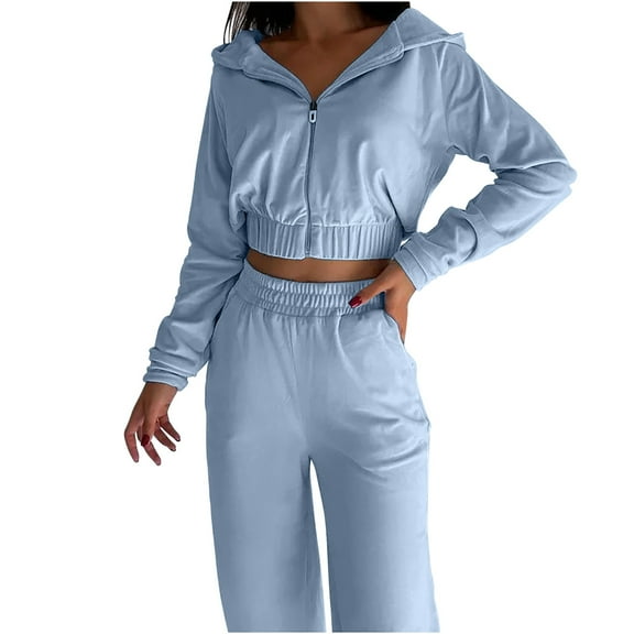 Outfits for Women 2 Piece Sets Cropped Hoodie Sweatshirts Pant Suit Long Sleeve Sweatsuit Solid Color Casual Tracksuit (Blue M)