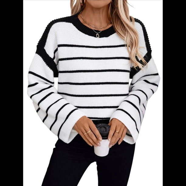 Suéter de Rayas Extragrande para Mujer, Cuello Redondo, Mangas Largas, Moda de Otoño 2025. Negro L