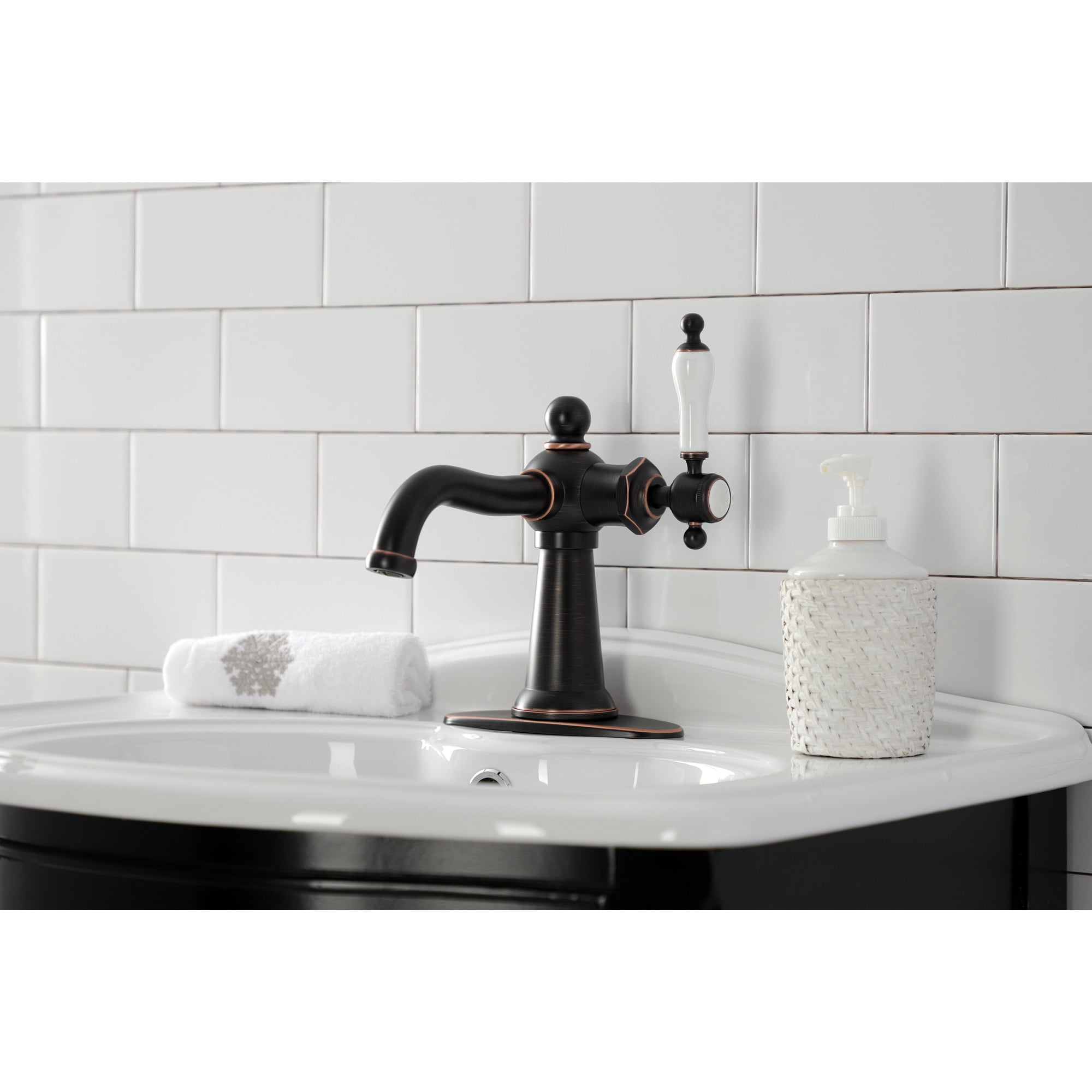 Kingston Brass KSD154KLNB Nautical One-Handle Single-Hole Bathroom Faucet with Deck Plate and Push Pop-Up Drain, Naples Bronze
