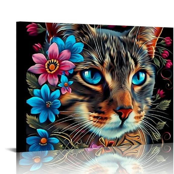 Orinice cat Canvas Wall Art Prints, Flower Cats Painting Artwork Pictures Print Canvas Wall Decor, Wall Art for Living Room Bedroom Office Decor20''X16'' 20x16in
