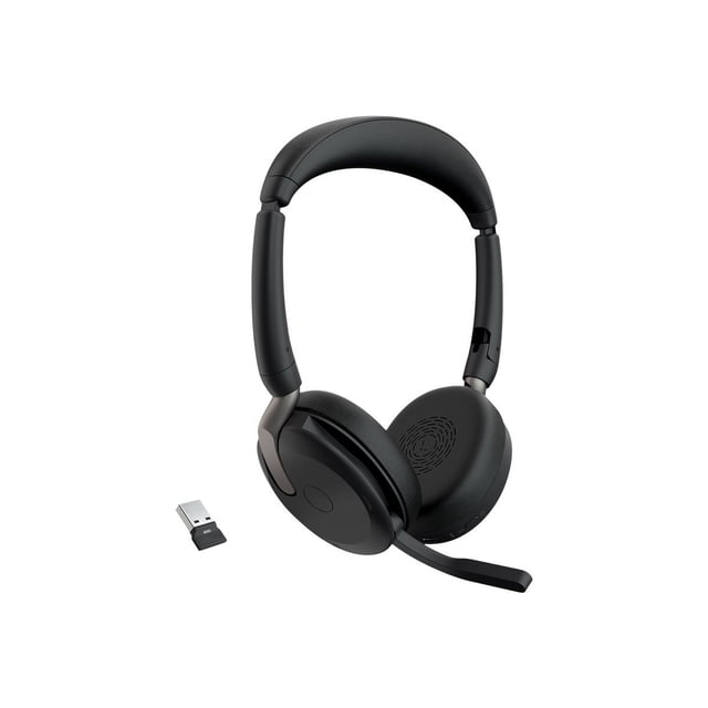 Jabra Evolve2 65 Flex UC Stereo - Casque - Supra-Auriculaire - Bluetooth - Sans Fil - Réduction active du Bruit - USB-A via Adaptateur Bluetooth - Noir - avec Pavé de Recharge Sans Fil - Optimisé pour UC