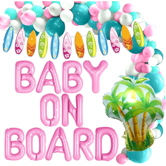 Pink Baby On Board Baby Shower Decorations Surf Baby Shower Decorations Beach Balloon Garland with Baby On Board Backdrop Summer Beach Background